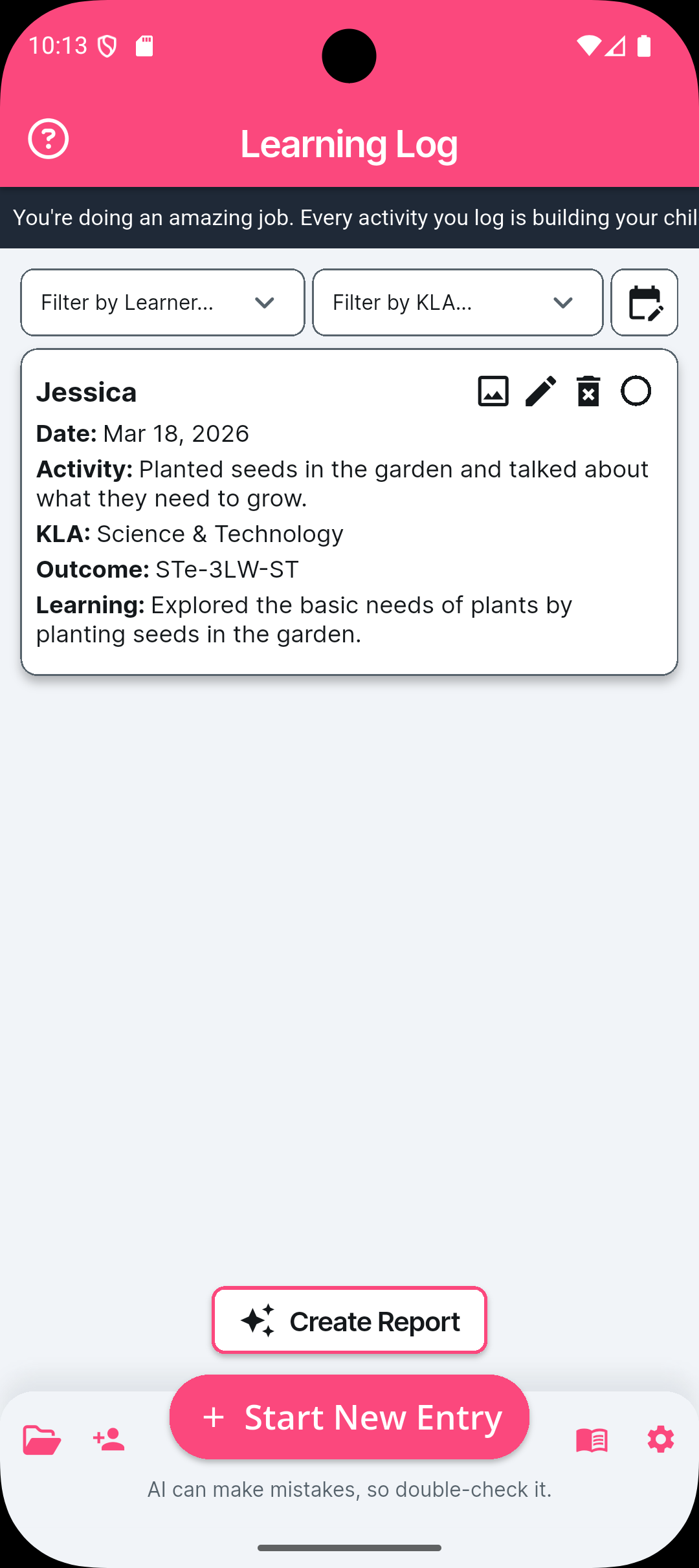 Learning Log — Activity with automatic curriculum mapping